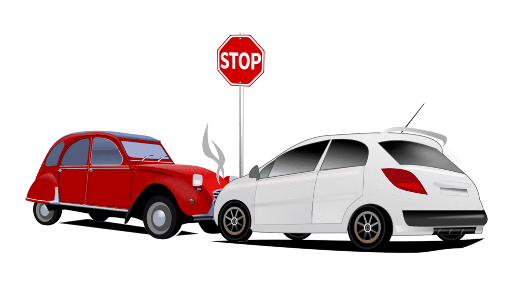 "Illustration of a car accident involving a red vintage car and a white modern car colliding near a stop sign, with smoke rising from the impact site."