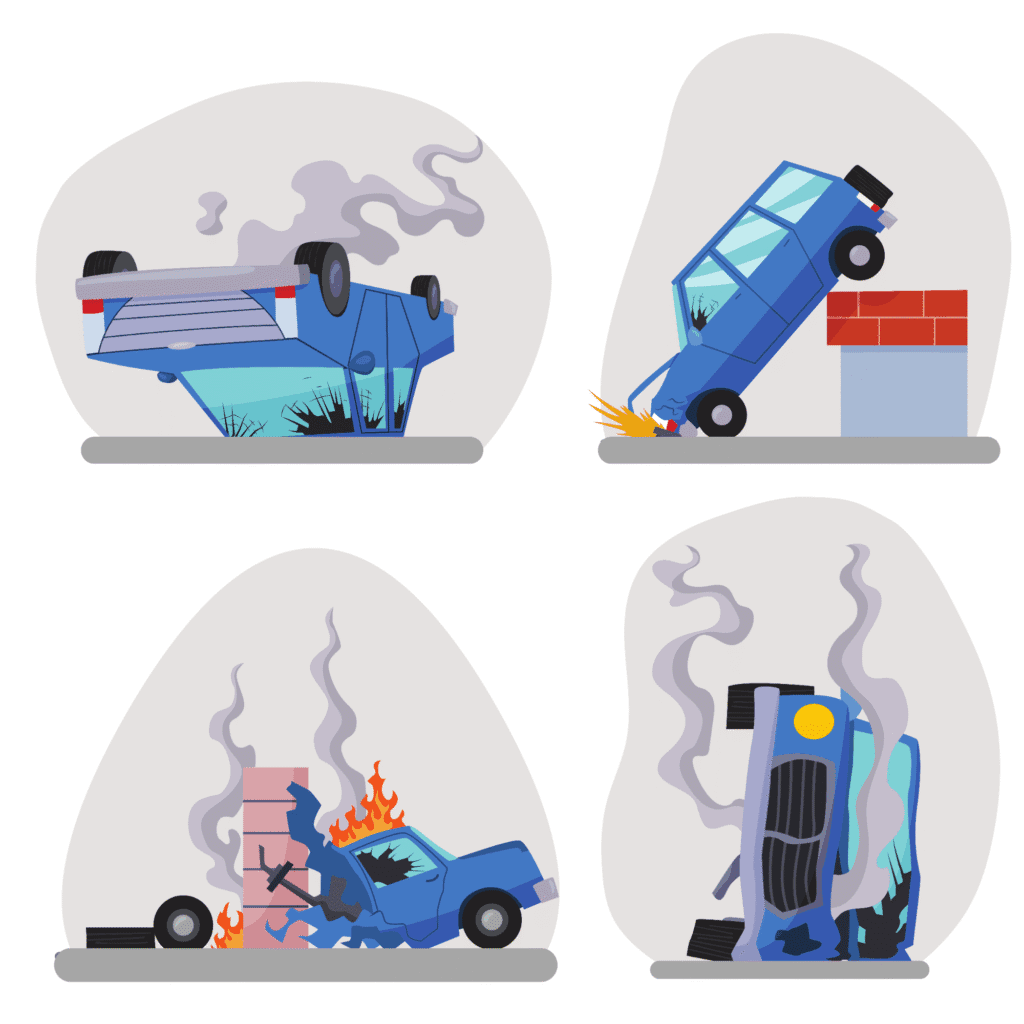 Auto Insurance Shopping Revolution in 2025
"Four cartoon illustrations of blue cars involved in various accidents. Top left: An upside-down car with smoke rising from a crash. Top right: A car crashed into a brick wall with sparks flying. Bottom left: A car engulfed in flames after hitting a barrier. Bottom right: A severely damaged car with smoke coming from the wreckage."