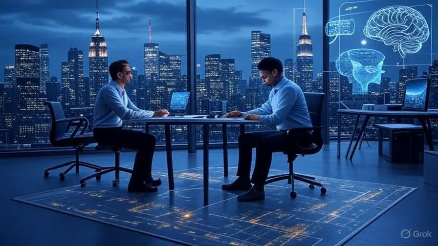 "Futuristic USA cityscape with Statue of Liberty, Agentic AI interfaces 2025 trends"
