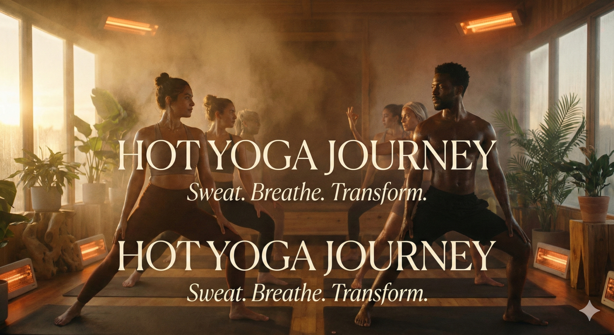 A cinematic featured image for a "Hot Yoga Journey" blog post, showing a diverse group of people practicing yoga in a steamy, warm-lit wooden studio. The text "HOT YOGA JOURNEY" and "Sweat. Breathe. Transform." is overlaid on the photo.